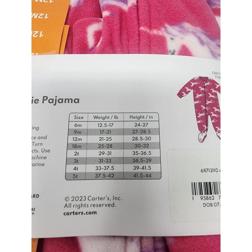 Carter's Girls Unicorn Fleece Footie Pajamas Pink Polyester Casual Size 12M